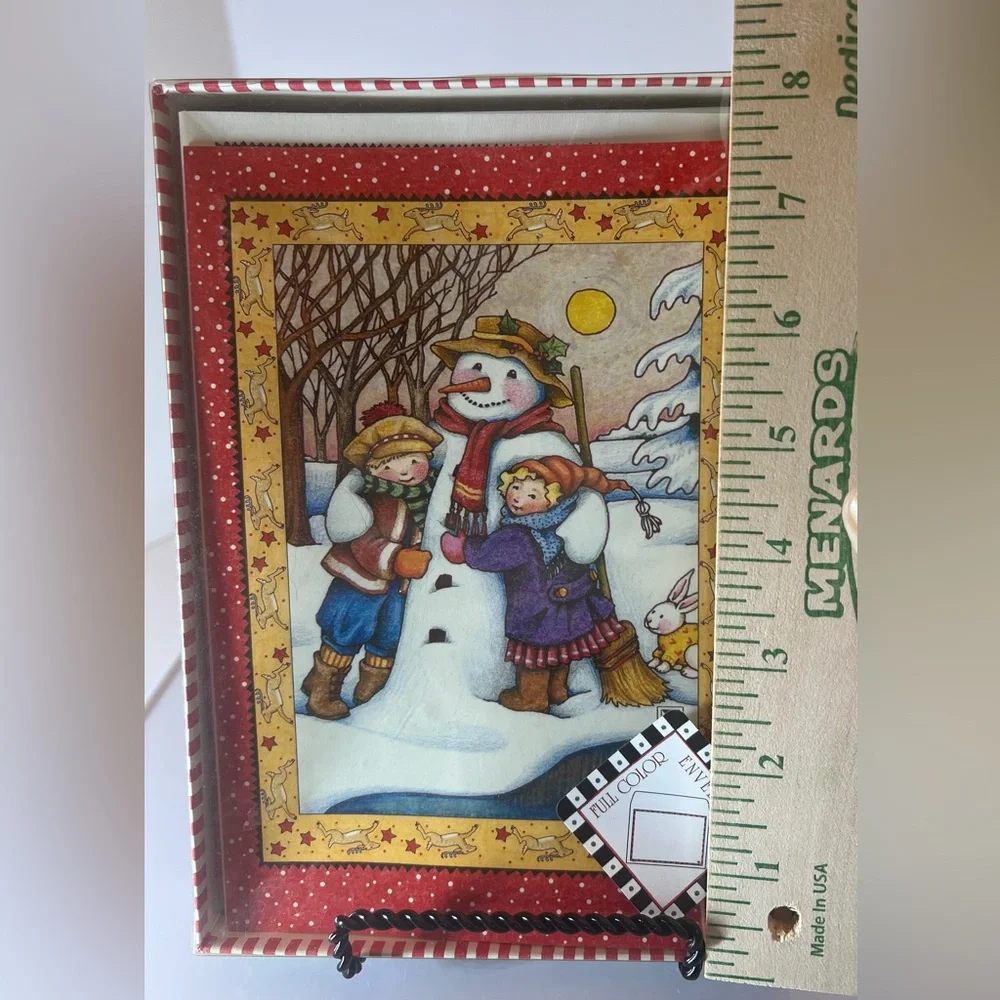 15 Vintage Christmas Cards Featuring a Snowman & Kids with Pattern Envelopes.